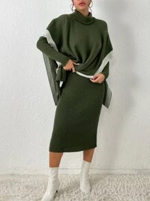 高領蝙蝠袖套頭毛衣和小高領毛衣裙 - 軍綠色 - 查看 1