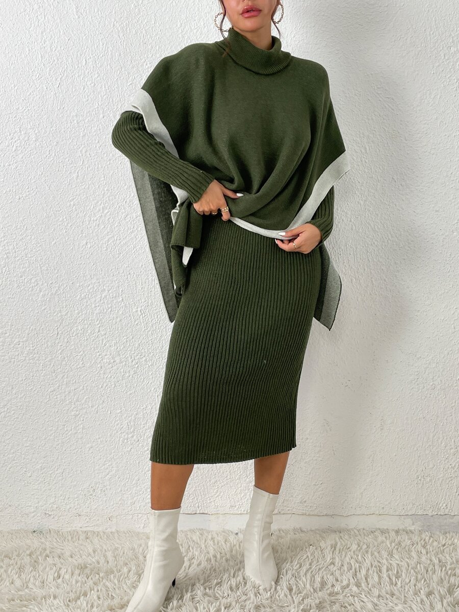 高領蝙蝠袖套頭毛衣和小高領毛衣裙 - 軍綠色 - 查看 1