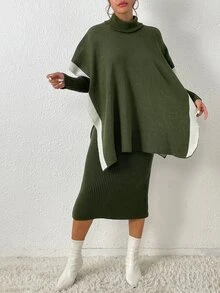 高領蝙蝠袖套頭毛衣和小高領毛衣裙 - 軍綠色 - 查看 3