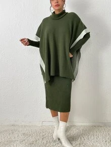 高領蝙蝠袖套頭毛衣和小高領毛衣裙 - 軍綠色 - 查看 4