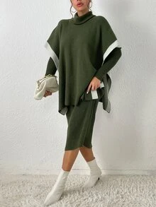 高領蝙蝠袖套頭毛衣和小高領毛衣裙 - 軍綠色 - 查看 7