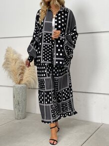 波點圖案蝙蝠袖襯衫和闊腿褲 - 黑與白 - 查看 3