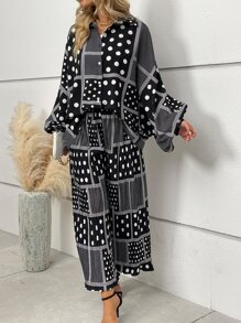 波點圖案蝙蝠袖襯衫和闊腿褲 - 黑與白 - 查看 5