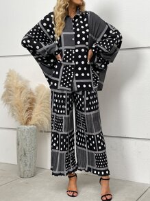 波點圖案蝙蝠袖襯衫和闊腿褲 - 黑與白 - 查看 6