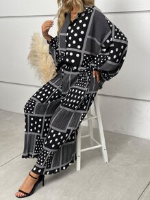 波點圖案蝙蝠袖襯衫和闊腿褲 - 黑與白 - 查看 7