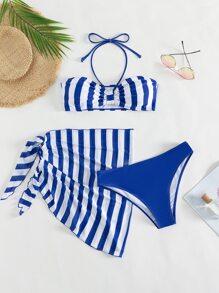 Striped Halter Summer Beach Bikini Set With Beach Skirt - Blue and White - View 1