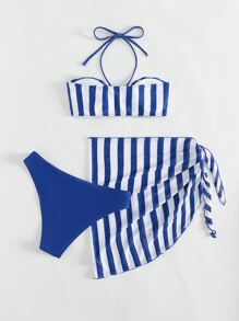 Striped Halter Summer Beach Bikini Set With Beach Skirt - Blue and White - View 2