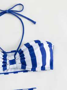 Striped Halter Summer Beach Bikini Set With Beach Skirt - Blue and White - View 4