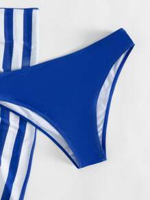 Striped Halter Summer Beach Bikini Set With Beach Skirt - Blue and White - View 5