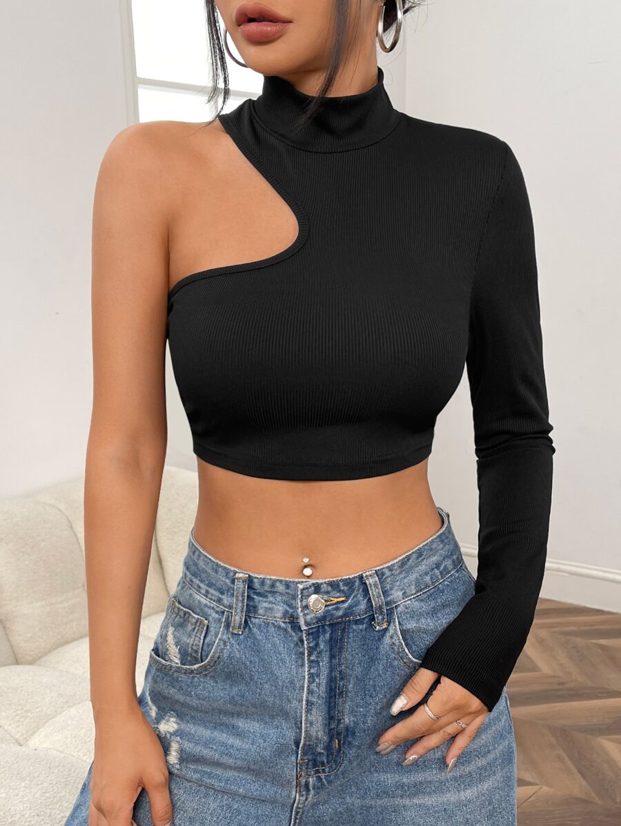 SHEIN BAE Áo thun nữ Bất đối xứng màu trơn Gợi cảm - màu đen - Xem 1