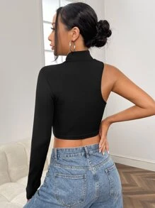 SHEIN BAE Áo thun nữ Bất đối xứng màu trơn Gợi cảm - màu đen - Xem 2