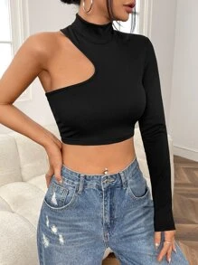 SHEIN BAE Áo thun nữ Bất đối xứng màu trơn Gợi cảm - màu đen - Xem 3