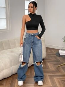 SHEIN BAE Áo thun nữ Bất đối xứng màu trơn Gợi cảm - màu đen - Xem 5