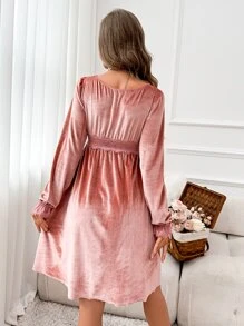 蕾絲拼接荷葉袖絲絨睡裙 - 藕粉色 - 查看 2