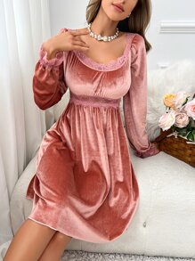 蕾絲拼接荷葉袖絲絨睡裙 - 藕粉色 - 查看 6