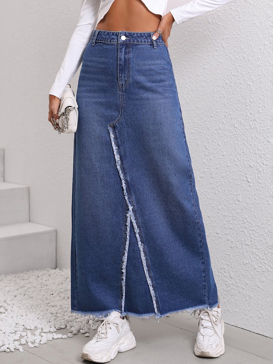 高腰毛邊緣牛仔半身裙 - 深色水洗藍 - 查看 1