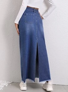 高腰毛邊緣牛仔半身裙 - 深色水洗藍 - 查看 2