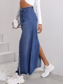 高腰毛邊緣牛仔半身裙 - 深色水洗藍 - 查看 3