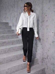 SHEIN Clasi Solid Tie Neck Blouse & Trousers - Black and White - View 3
