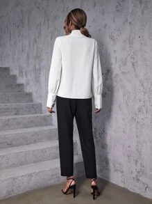 SHEIN Clasi Solid Tie Neck Blouse & Trousers - Black and White - View 2