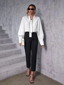 SHEIN Clasi Solid Tie Neck Blouse & Trousers - Black and White - View 4