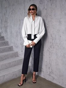 SHEIN Clasi Solid Tie Neck Blouse & Trousers - Black and White - View 1