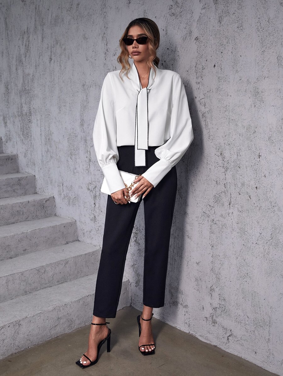 SHEIN Clasi Solid Tie Neck Blouse & Trousers - Black and White - View 1