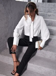 SHEIN Clasi Solid Tie Neck Blouse & Trousers - Black and White - View 7