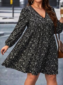 SHEIN Frenchy Plus Ditsy Floral Print Lantern Sleeve Ruffle Hem Dress - Black and White - View 4