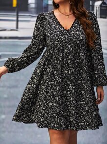 SHEIN Frenchy Plus Ditsy Floral Print Lantern Sleeve Ruffle Hem Dress - Black and White - View 2