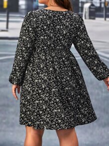 SHEIN Frenchy Plus Ditsy Floral Print Lantern Sleeve Ruffle Hem Dress - Black and White - View 6