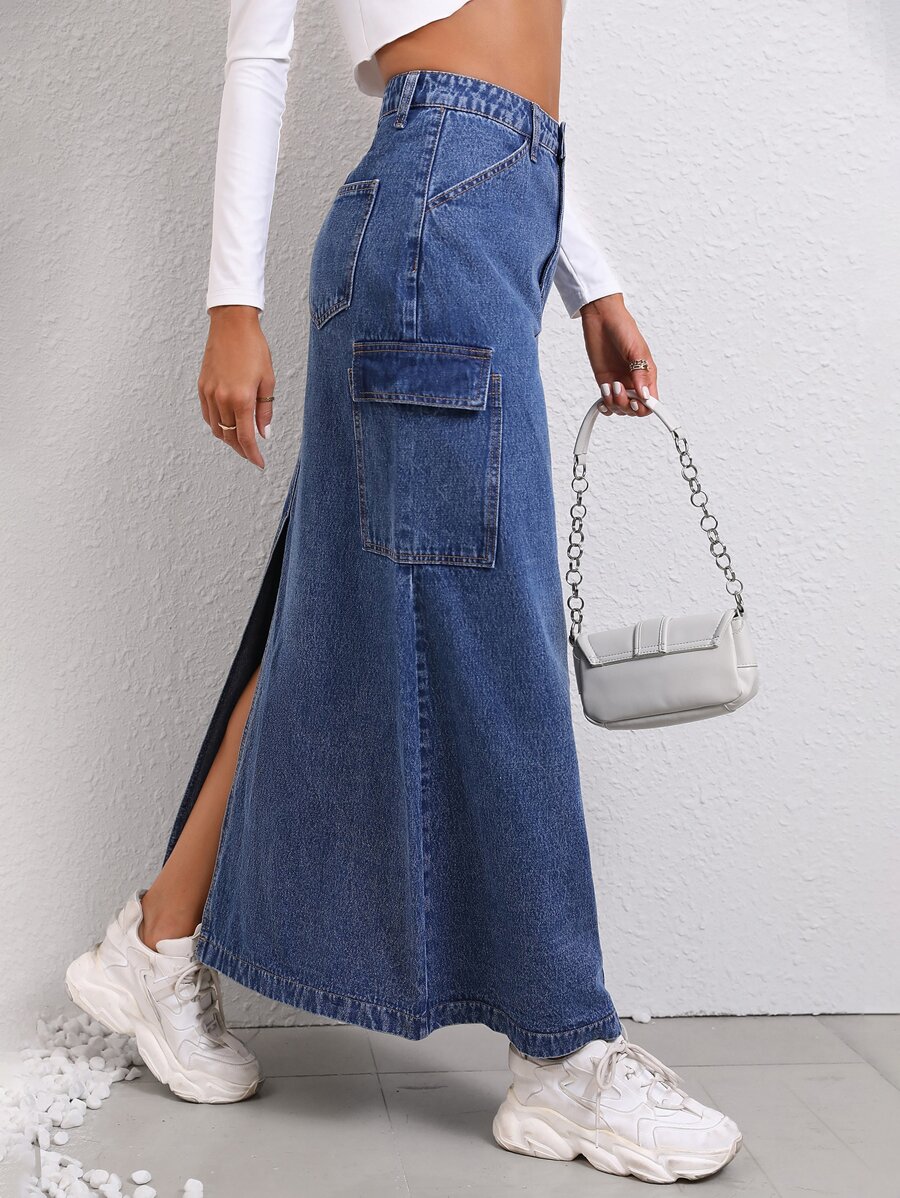 SHEIN Essnce 翻蓋口袋高衩翻蓋口袋牛仔半身裙 - 深色水洗藍 - 查看 1