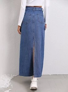 SHEIN Essnce 翻蓋口袋高衩翻蓋口袋牛仔半身裙 - 深色水洗藍 - 查看 3