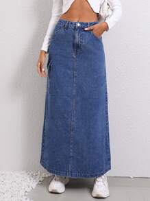 SHEIN Essnce 翻蓋口袋高衩翻蓋口袋牛仔半身裙 - 深色水洗藍 - 查看 2