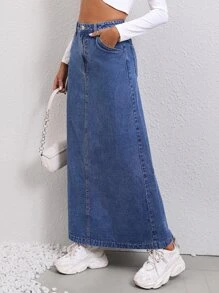 SHEIN Essnce 翻蓋口袋高衩翻蓋口袋牛仔半身裙 - 深色水洗藍 - 查看 4