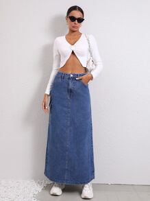 SHEIN Essnce 翻蓋口袋高衩翻蓋口袋牛仔半身裙 - 深色水洗藍 - 查看 5