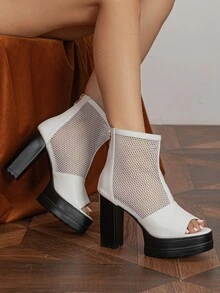 Contrast Mesh Zip Back Sandal Boots - White - View 5