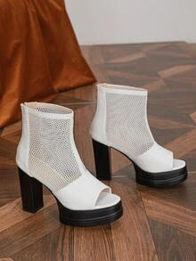 Contrast Mesh Zip Back Sandal Boots - White - View 6