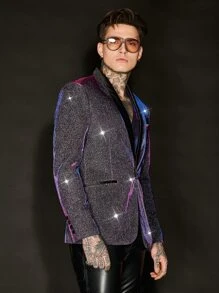 GENTILAND 男士金屬亮絲青果領單釦西裝外套 - 紫色 - 查看 1