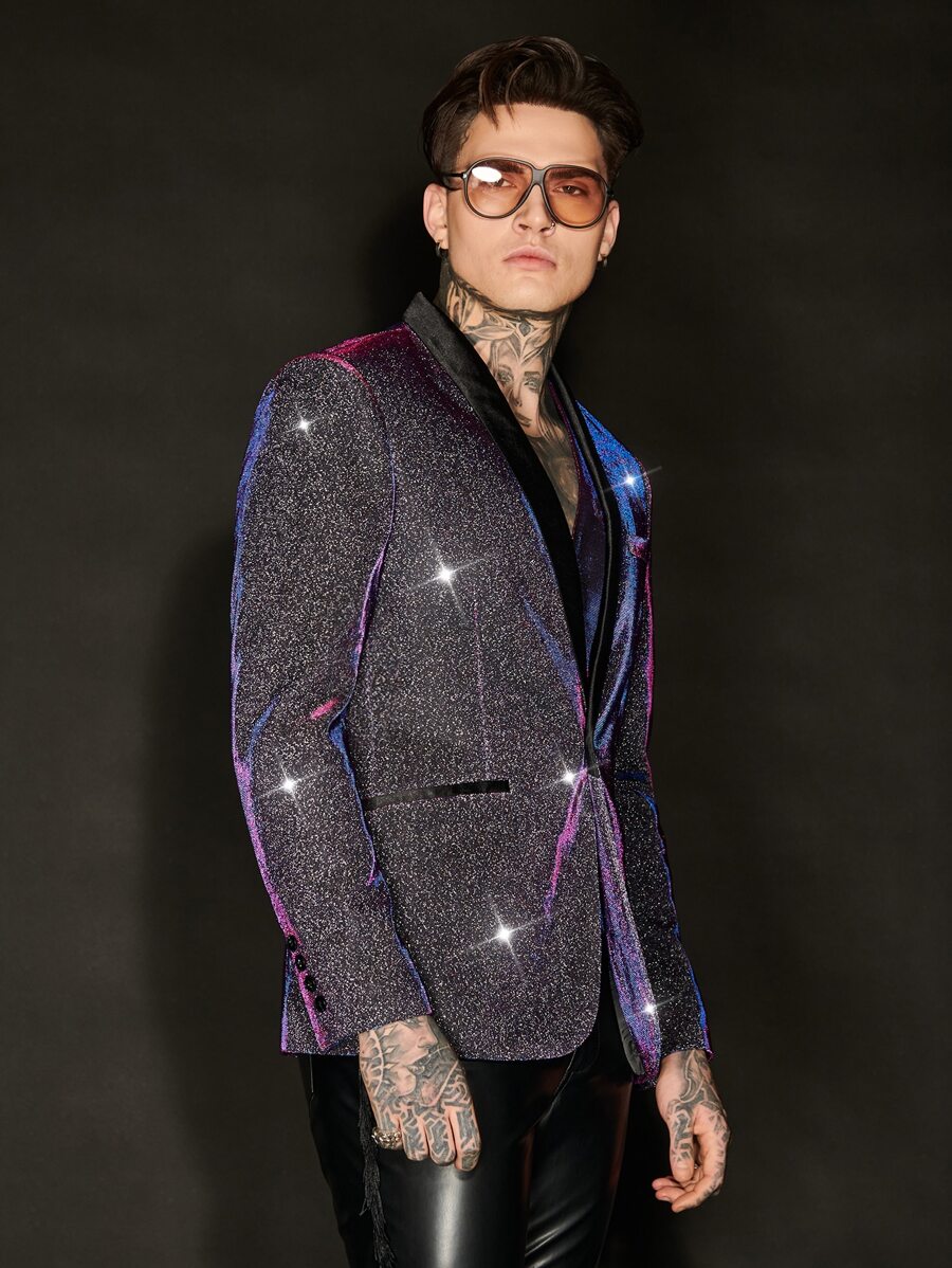 GENTILAND 男士金屬亮絲青果領單釦西裝外套 - 紫色 - 查看 1