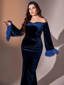 Modelyn Đầm Plus Size mép Chia màu trơn Hấp dẫn - Màu xanh hải quân - Xem 5