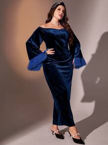 Modelyn Đầm Plus Size mép Chia màu trơn Hấp dẫn - Màu xanh hải quân - Xem 6