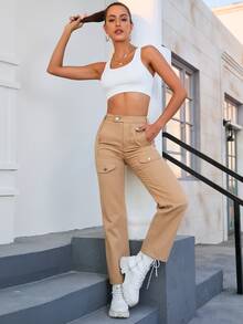 Quần jean nữ Nút Túi Dây kéo màu trơn - Màu Khaki - Xem 5