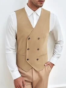 Manfinity Hombres Blazer chaleco de doble botonadura sin camisa - Caqui - Ver 2