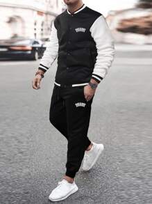 Manfinity Men Letter Graphic Two Tone Striped Trim Varsity Jacket & Joggers - Black and White - View 1