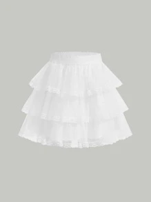 SHEIN MOD Solid Lace Trim Layered Skirt - White - View 2