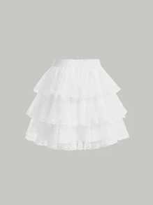 SHEIN MOD Solid Lace Trim Layered Skirt - White - View 8