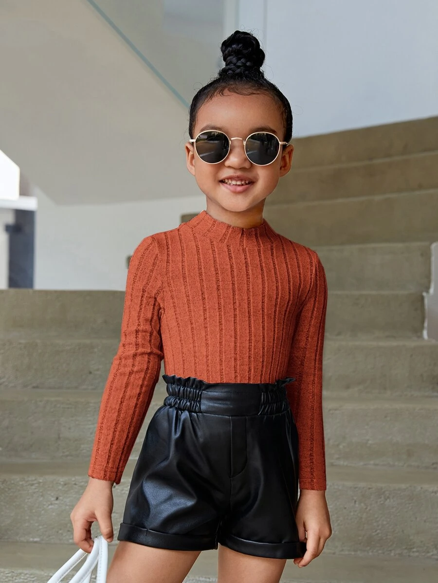 SHEIN Leap Crew Young Girl Casual Solid Color Long Sleeve Stand Collar T-Shirt, Spring/Autumn - Burnt Orange - View 1