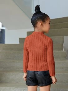 SHEIN Leap Crew Young Girl Casual Solid Color Long Sleeve Stand Collar T-Shirt, Spring/Autumn - Burnt Orange - View 2