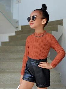 SHEIN Leap Crew Young Girl Casual Solid Color Long Sleeve Stand Collar T-Shirt, Spring/Autumn - Burnt Orange - View 4